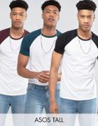 Asos Tall 3 Pack T-shirt With Contrast Raglan Sleeves In Black/green/red Save - Multi