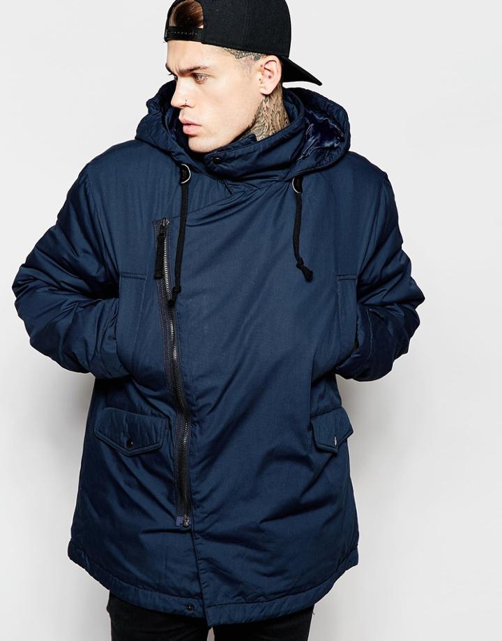 Asos Asymmetric Parka In Navy - Navy