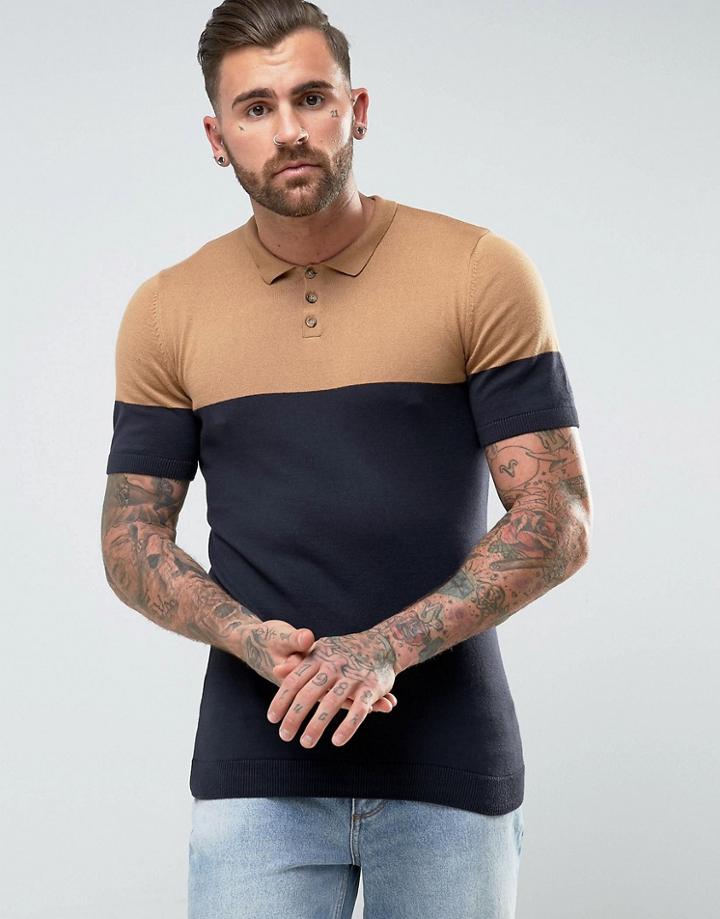 Asos Polo With Color Block Detail Tan/navy - Multi