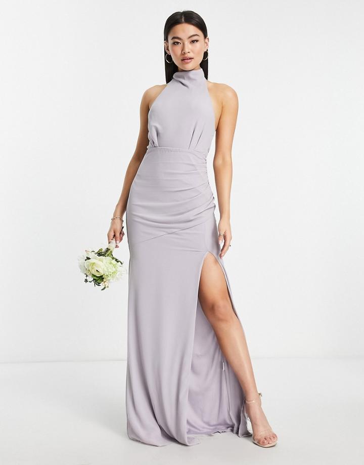 Tfnc Bridesmaid Chiffon High Neck Maxi Dress With Tie Back In Gray