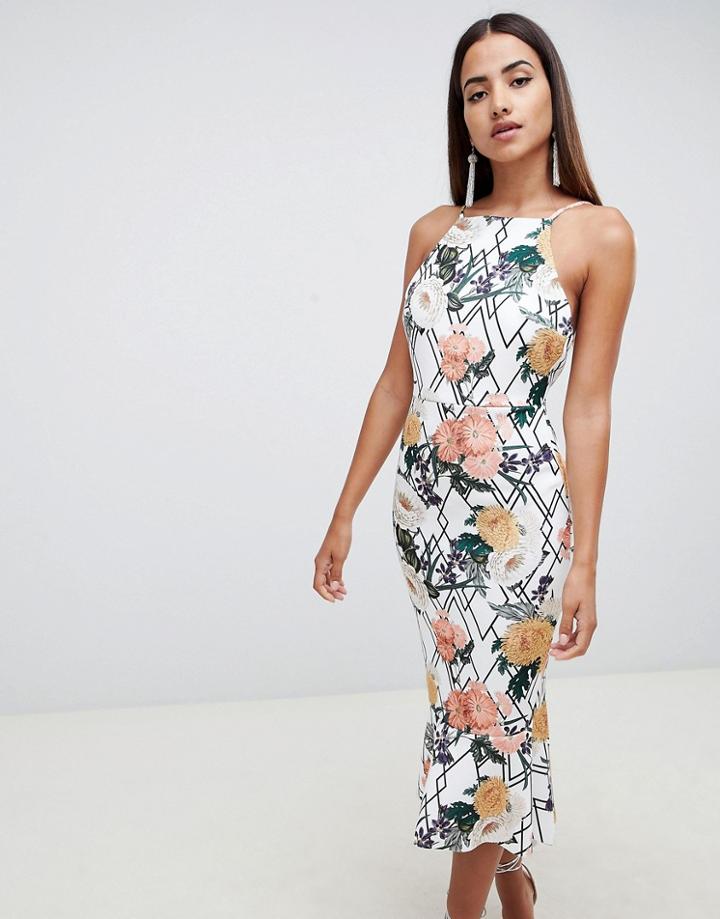 Asos Design Floral Midi Bodycon Dress With Pep Hem - Multi