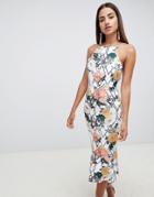 Asos Design Floral Midi Bodycon Dress With Pep Hem - Multi