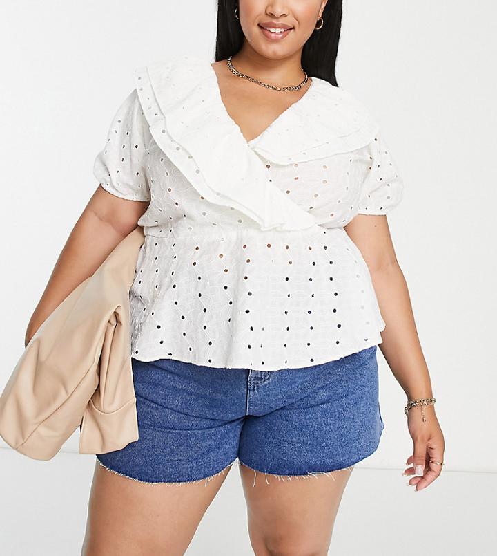 River Island Plus Eyelet Ruffle Top In White