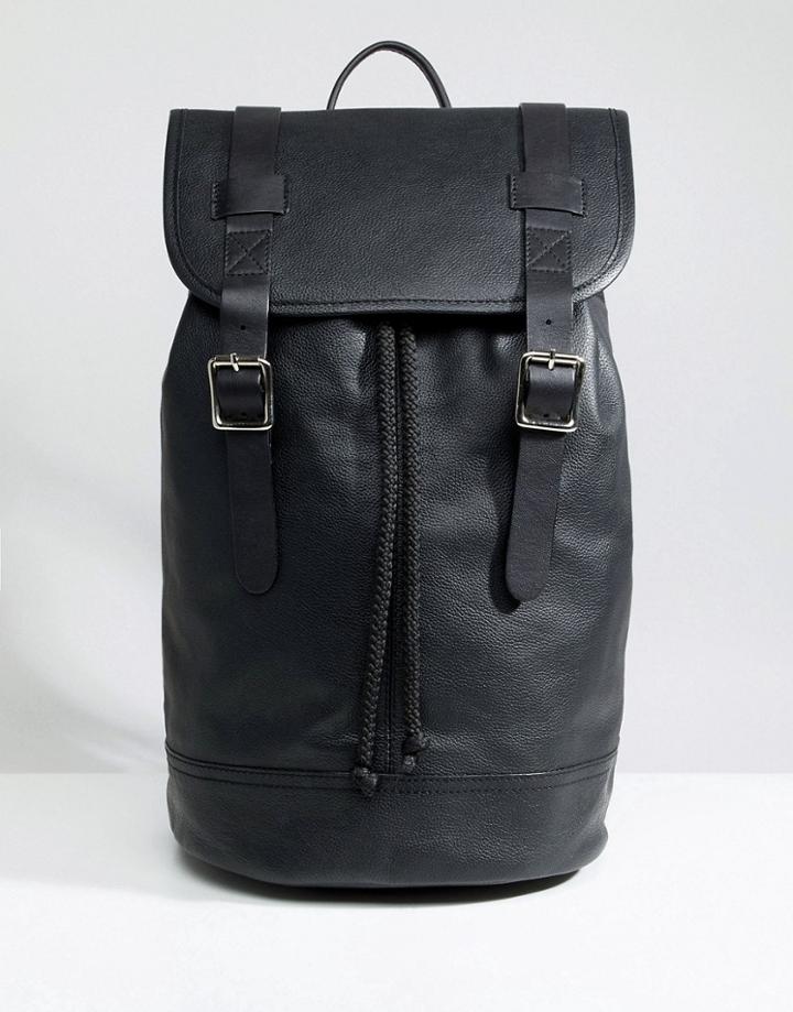 Asos Design Backpack In Leather In Black With Double Straps - Black