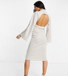 Asos Design Tall Brushed Rib Batwing Midi Dress In Oatmeal-white