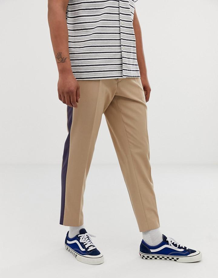 Asos Design Slim Crop Smart Pants In Stone With Blue Side Stripe - Stone