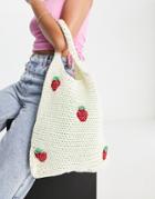 Skinnydip Crochet Tote Bag In Cream Strawberry Print-white