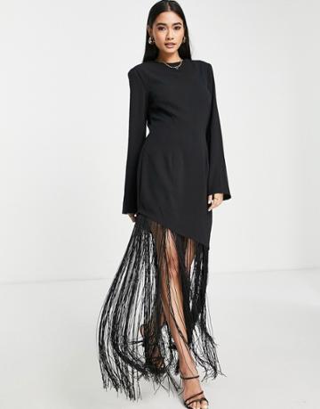 Pretty Lavish Asymmetric Fringed Maxi Dress In Black