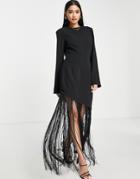 Pretty Lavish Asymmetric Fringed Maxi Dress In Black