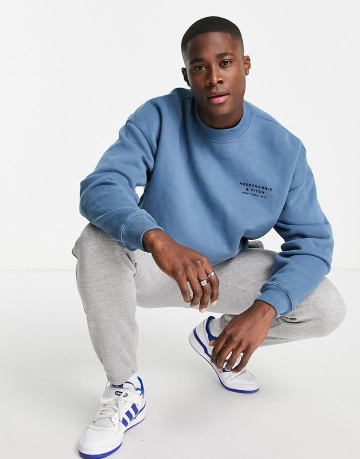 Abercrombie & Fitch Shadow Logo Raised Neck Crewneck Sweatshirt In Blue