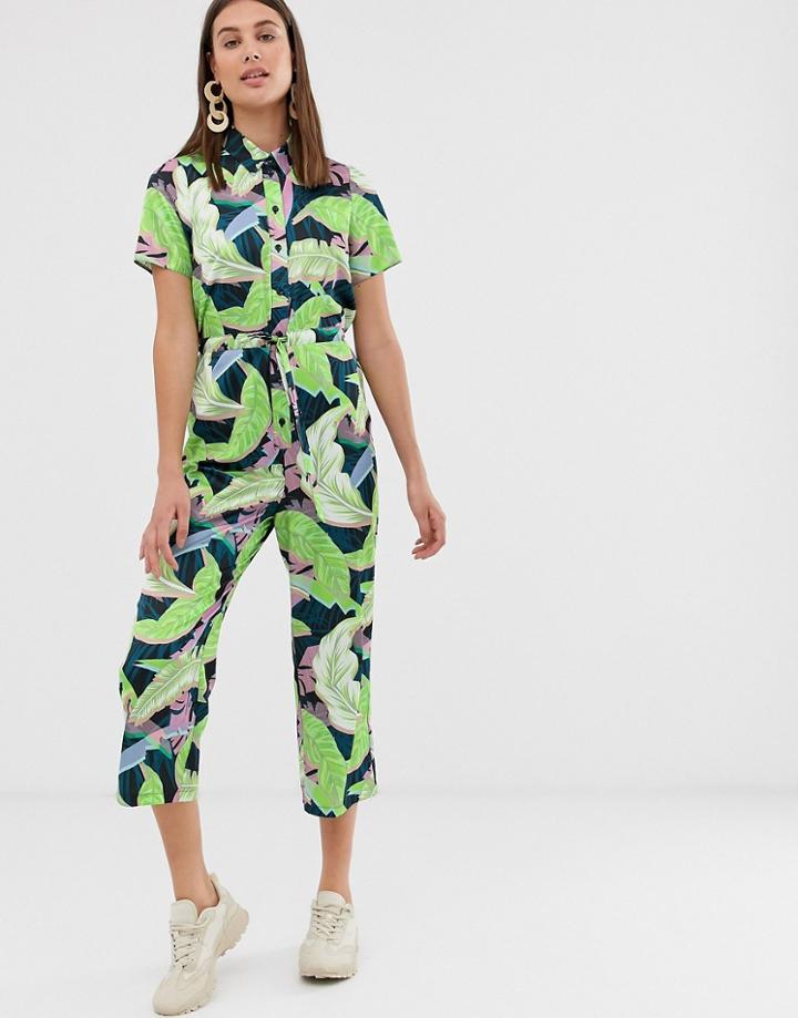Asos Design Shirt Jumpsuit With Tie Waist In Leaf Print - Multi