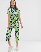 Asos Design Shirt Jumpsuit With Tie Waist In Leaf Print - Multi