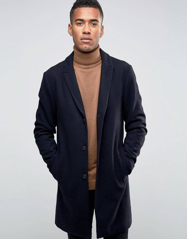 Jack & Jones Premium Overcoat In Wool Mix - Navy