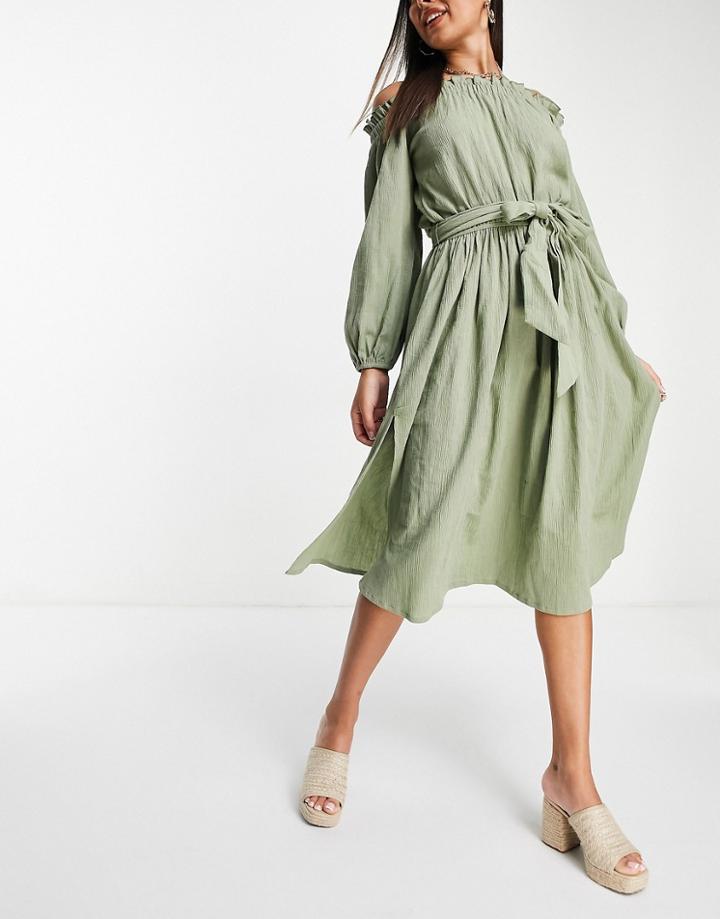 Asos Design Off Shoulder Super Crinkle Beach Dress In Khaki-green