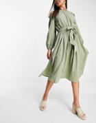 Asos Design Off Shoulder Super Crinkle Beach Dress In Khaki-green