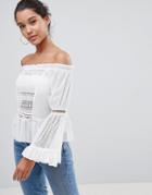 Prettylittlething Lace Bell Sleeve Bardot Top - White