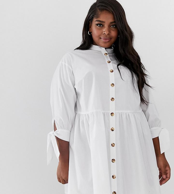 Asos Design Curve Grandad Collar Button Through Mini Smock Dress With Tie Sleeve - White