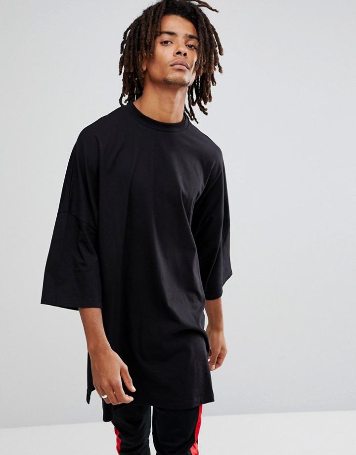 Asos Extreme Oversized Super Longline T-shirt With Side Splits In Black - Black