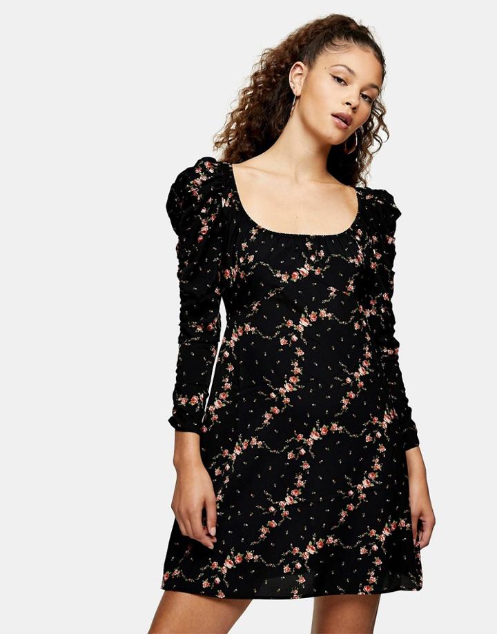 Topshop Ruched Sleeve Mini Tea Dress In Black Floral