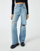 Pull & Bear 90s Straight Leg Jeans With Rips In Blue-blues