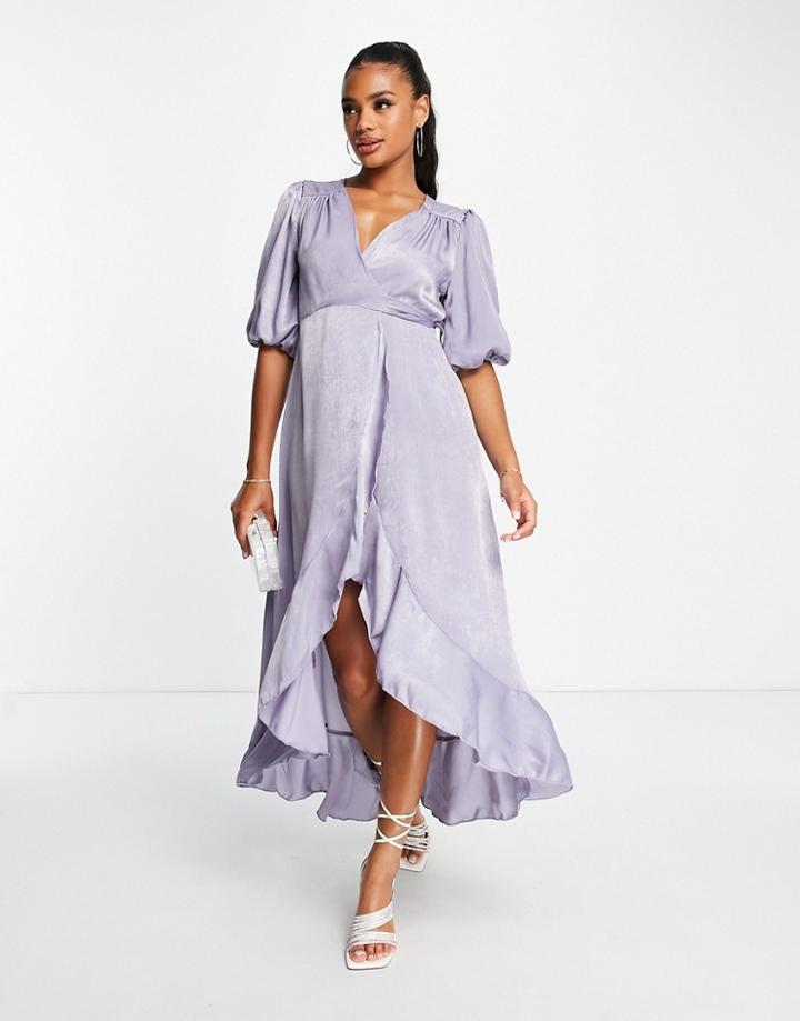 Flounce London Puff Sleeve Maxi Wrap Dress In Light Blue Satin