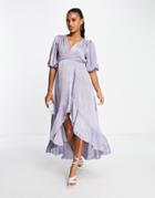 Flounce London Puff Sleeve Maxi Wrap Dress In Light Blue Satin