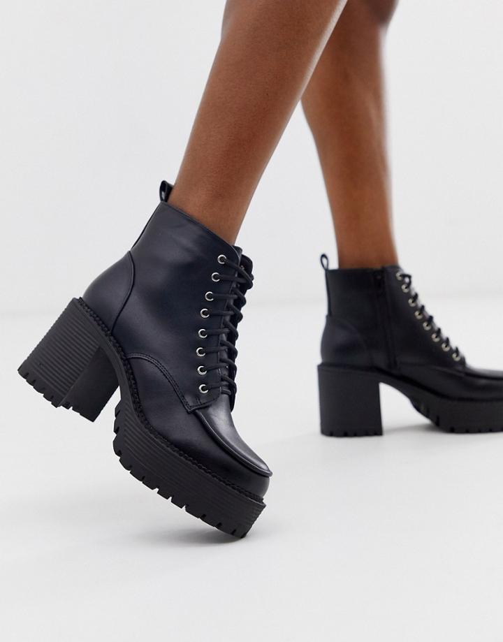 Truffle Collection Chunky Heeled Lace Up Boots In Black