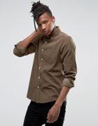 Asos Regular Fit Long Sleeve Cord Shirt In Khaki - Green
