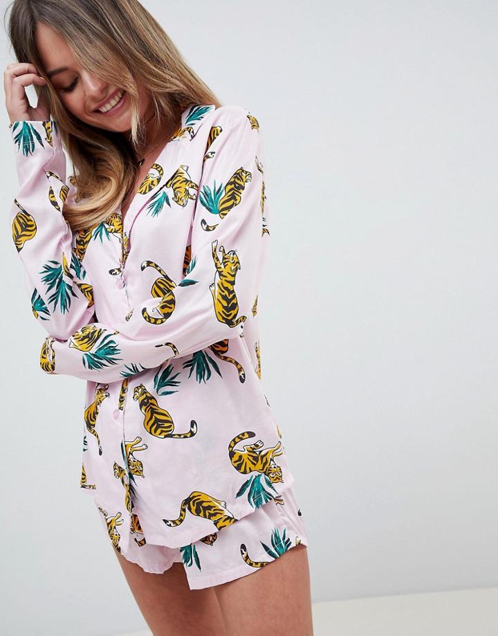 Asos Design Tiger Traditional 100% Modal Short Set - Pink