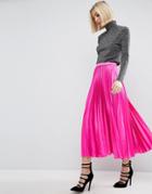 Asos Midi Skirt In Pleated Satin - Pink