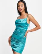 Urban Threads Ruched Satin Mini Dress In Teal-blue