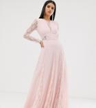 Asos Design Tall Maxi Dress With Long Sleeve And Lace Paneled Bodice-pink