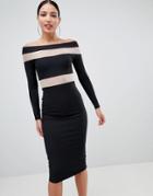 Asos Design Mesh Insert Bardot Bodycon Dress - Black