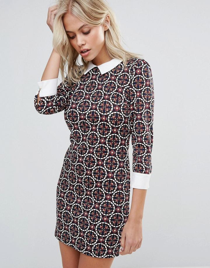 Qed London Tile Print Dress With Collar - Black