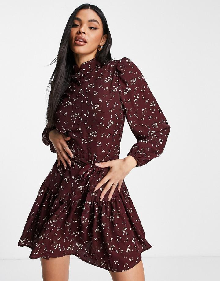 Ax Paris Tiered Belted Mini Dress In Burgundy Floral