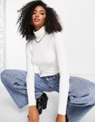 River Island Roll Neck Wide Rib Sweater In Cream-white