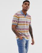 Asos Design Knitted Polo T-shirt With Floral Design-blue