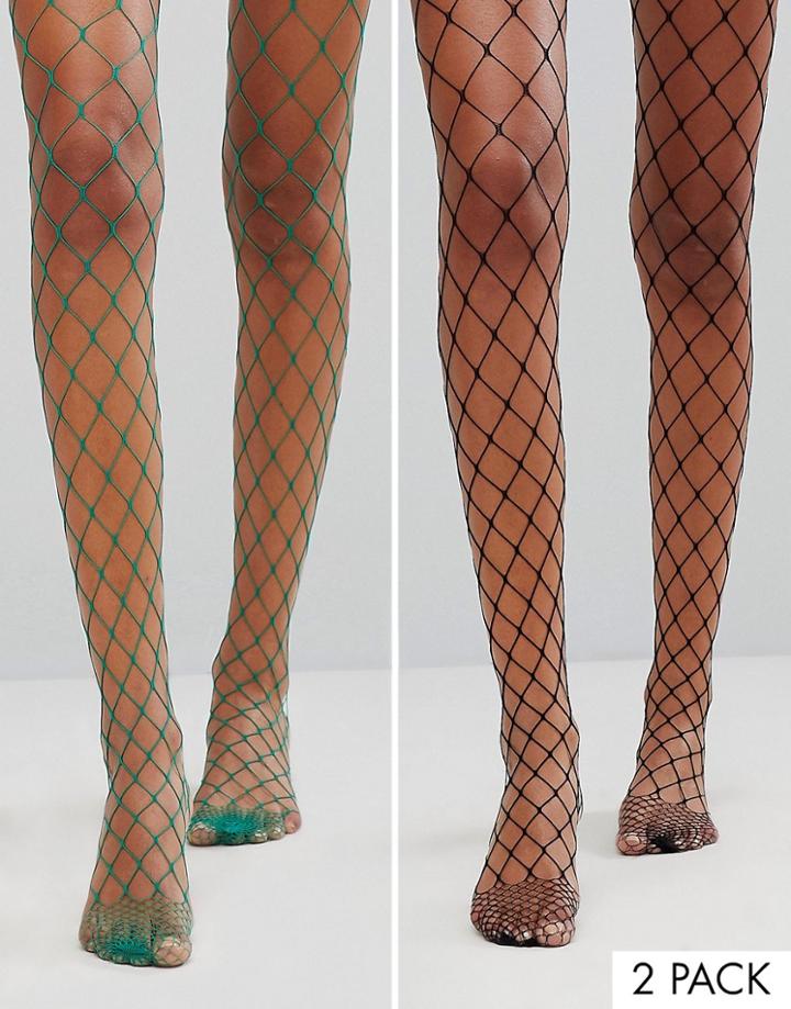 Asos 2 Pack Oversized Fishnet Tights In Black And Green - Multi