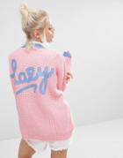 Lazy Oaf College Cardigan In Knitted Rib With Logo Back - Pink