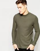 Asos Waffle Jersey Longline Long Sleeve T-shirt With Turtle Neck In Khaki - Green