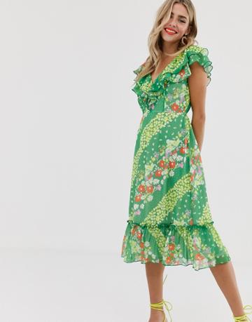 Twisted Wunder Flounced Sleeve Midi Dress Green Floral - Green