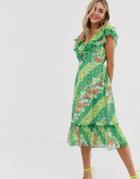 Twisted Wunder Flounced Sleeve Midi Dress Green Floral - Green