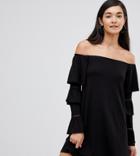 Asos Design Tall Off Shoulder Mini Dress With Frill Sleeve Detail - Black