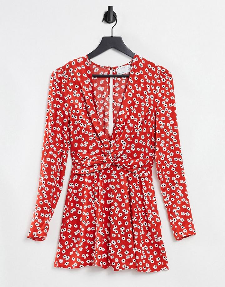 Asos Design Twist Front Long Sleeve Romper In Poppy Print-multi