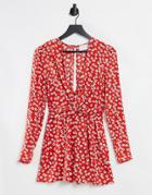 Asos Design Twist Front Long Sleeve Romper In Poppy Print-multi