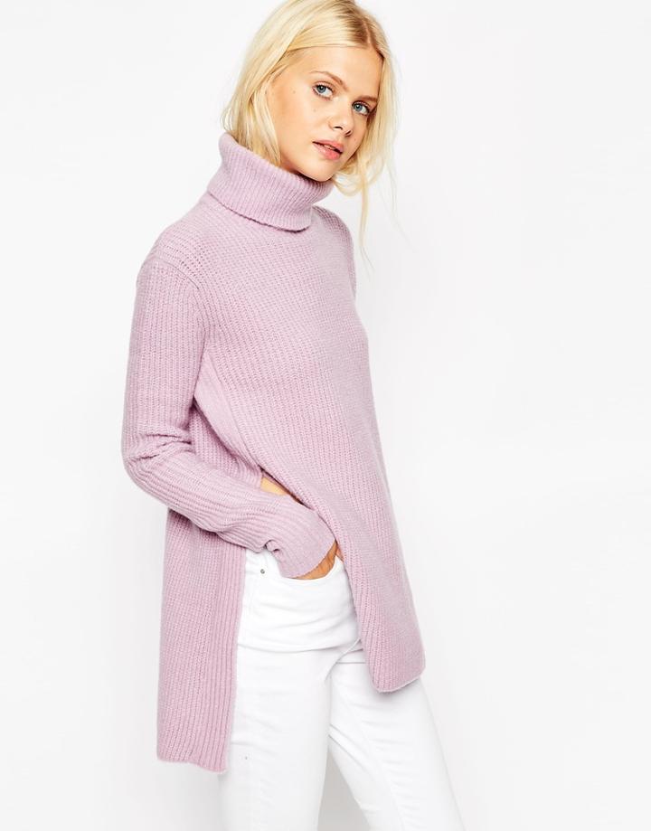 Asos Sweater In Brushed Yarn With High Neck And Side Splits - Pale Pink