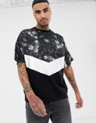 Asos Design Oversized T-shirt With Floral Chevron Yoke And Silver Foil Color Blocking Panel - Black