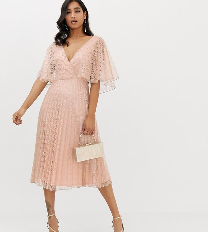 Asos Design Midi Dress Flutter Sleeve And Pleat Skirt In Lace - Beige