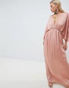 Asos Design Kimono Maxi Dress In Satin - Pink