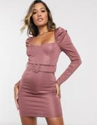 Asos Design Long Sleeve Stretch Satin Belted Mini Dress-pink